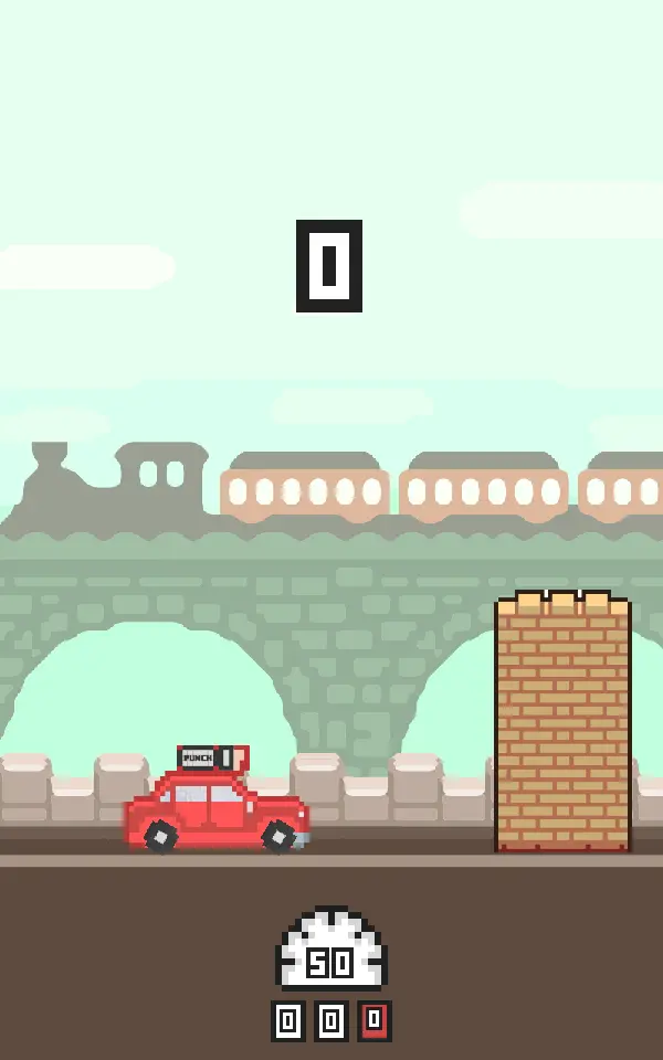 Just Smash: a red pixel car driving toward a brick wall