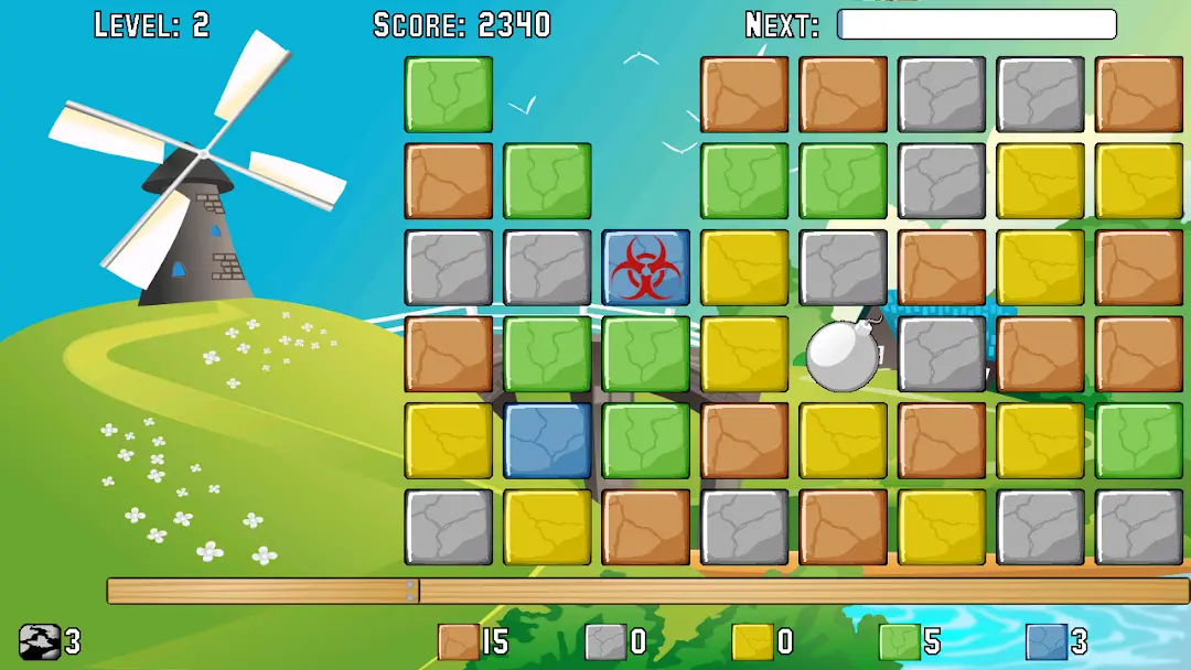 Ore Buster gameplay: colored ores stacked on a wooden plank